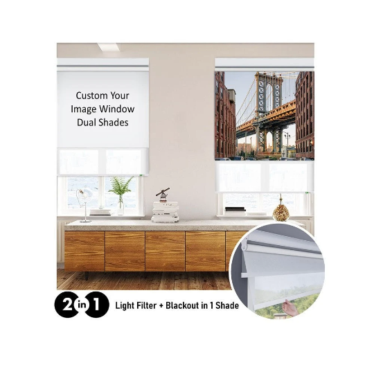 Dual Layered Custom Personalized Image and Blackout or Light Filter Window Roller Shade