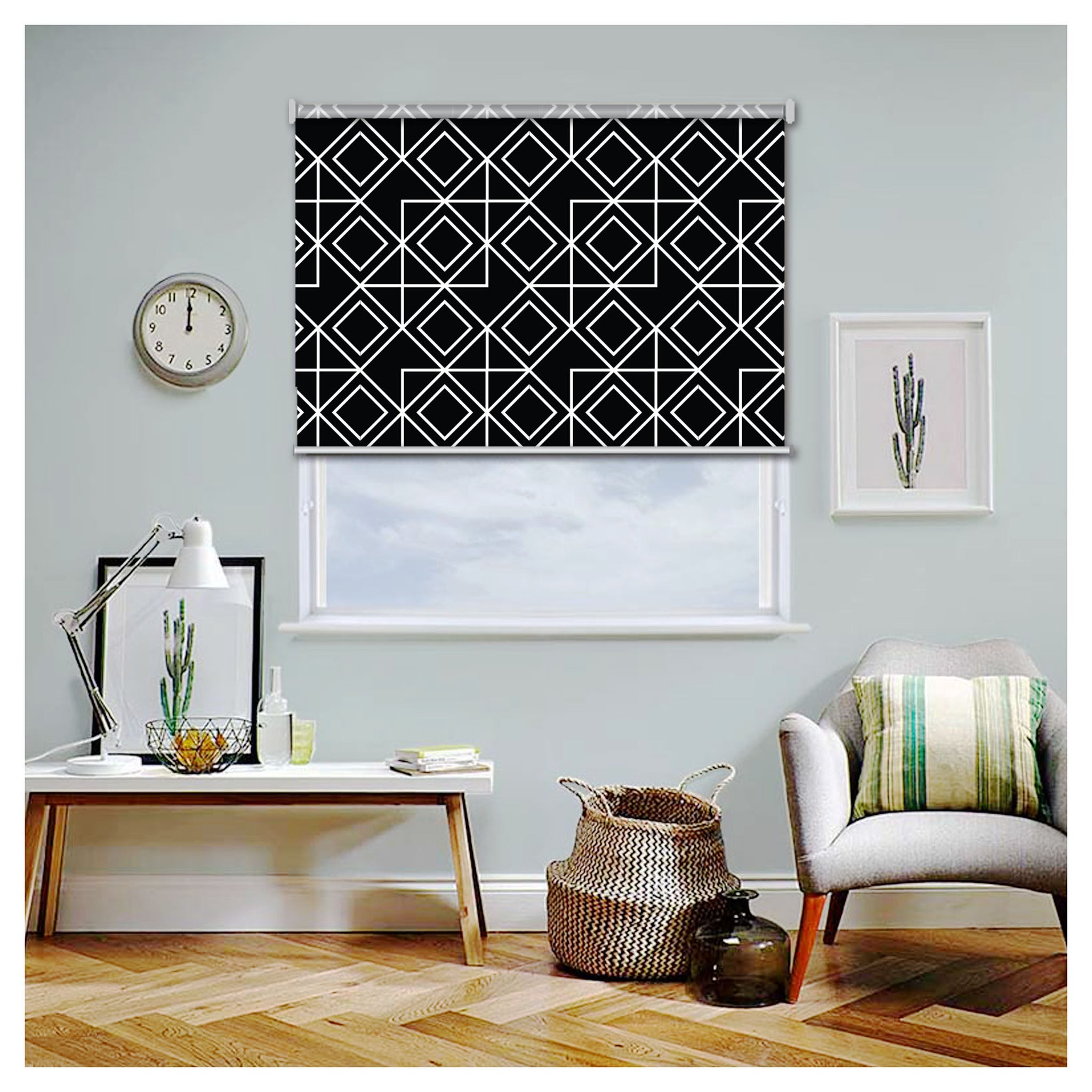 Image showcasing Patterned Window Roller Shades Bali White Palm Patterned Roller Blind