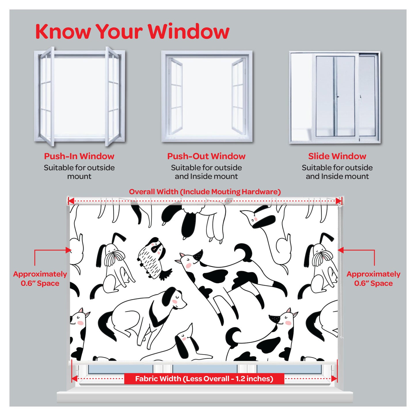 Black and White Minimalist Doggies Print Window Roller Shade
